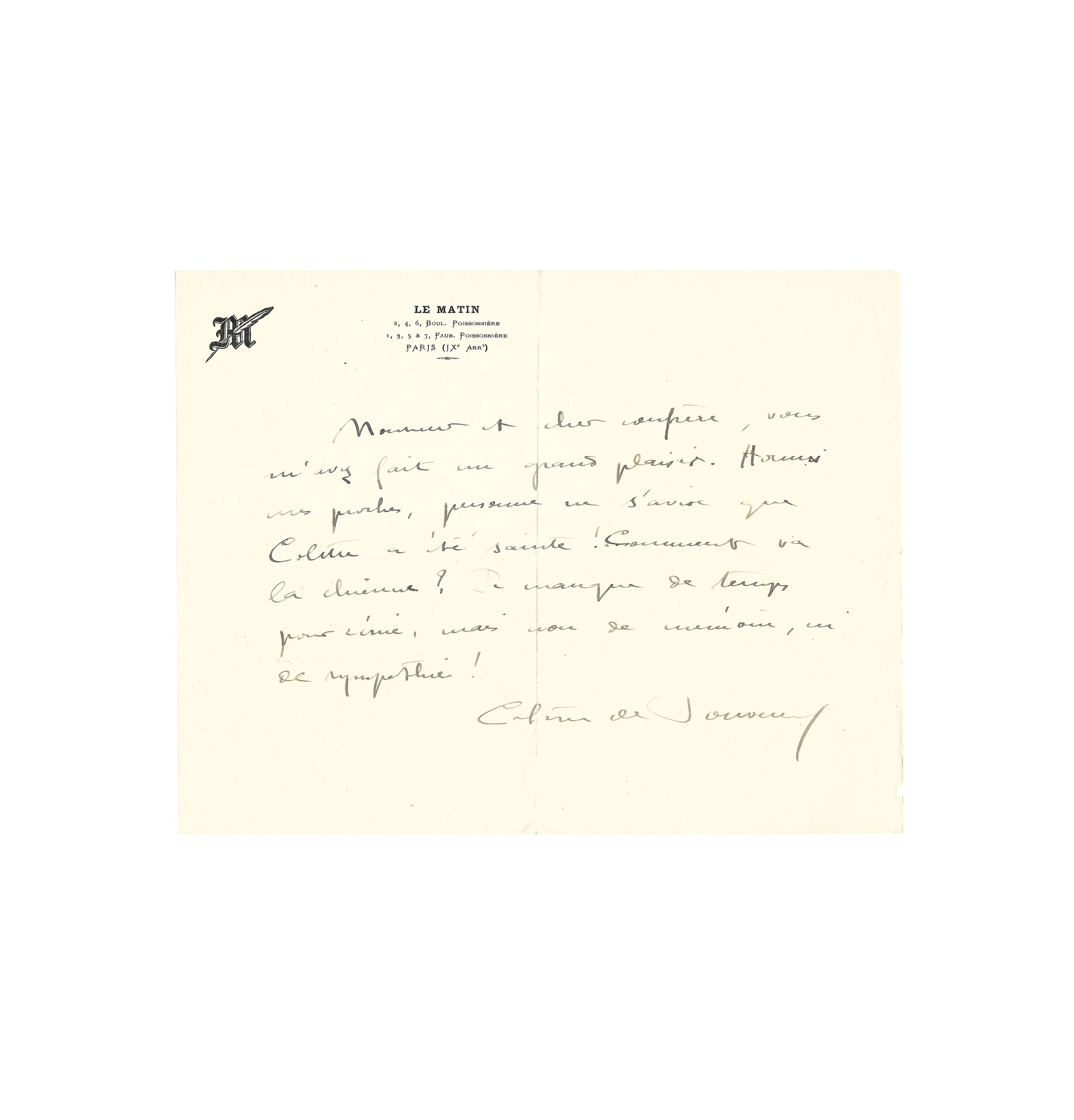 Lettre Autographe Signée Colette à Curnonsky - Vers 1895 - Rare Document Littéraire