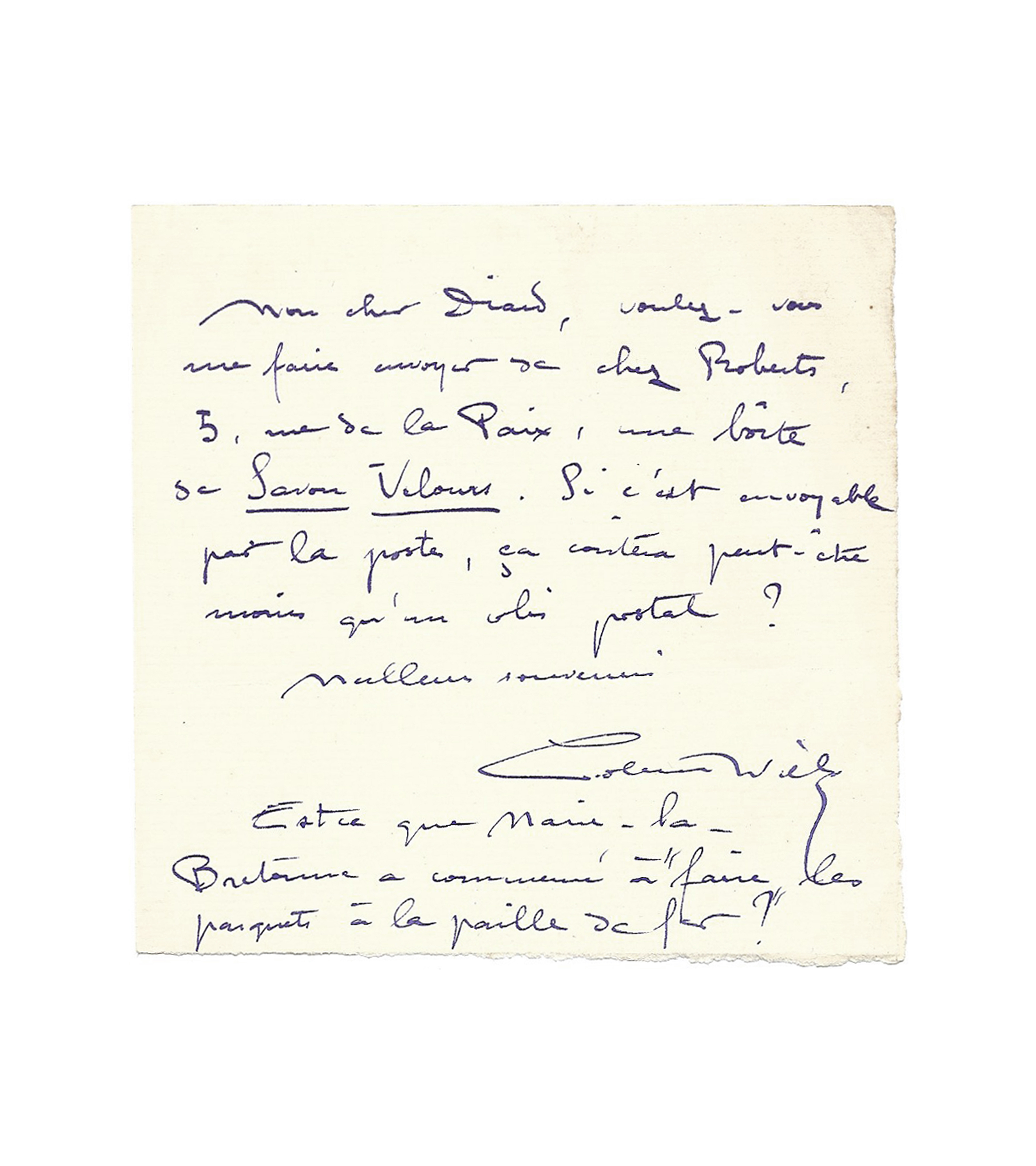 Lettre autographe signée de Sidonie-Gabrielle Colette, dite Colette